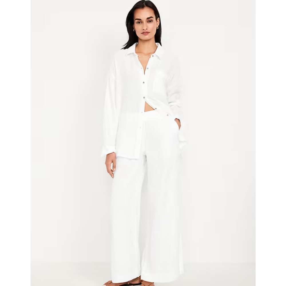 Old Navy High-Waisted Crinkle Gauze Super Wide-Leg‎ Pants Calla White Beach  XXL